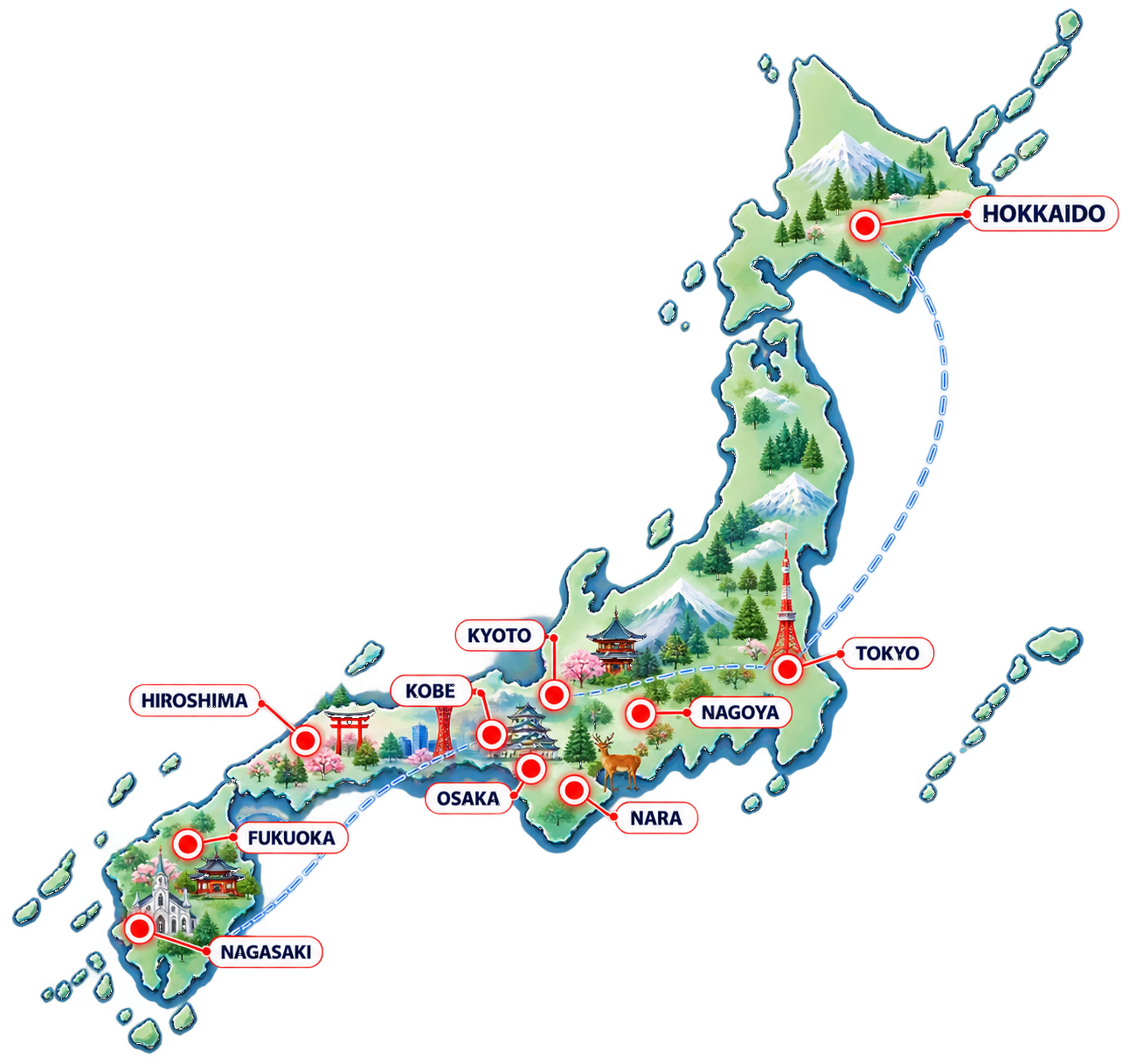 Illustrated map of Japan with destination pins