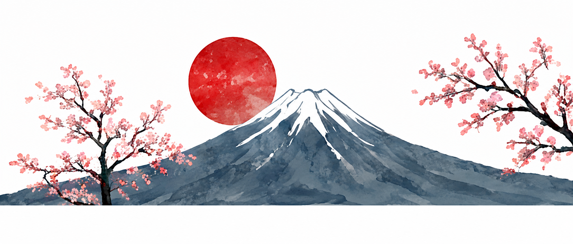Japanese landscape illustration with Mount Fuji and cherry blossoms